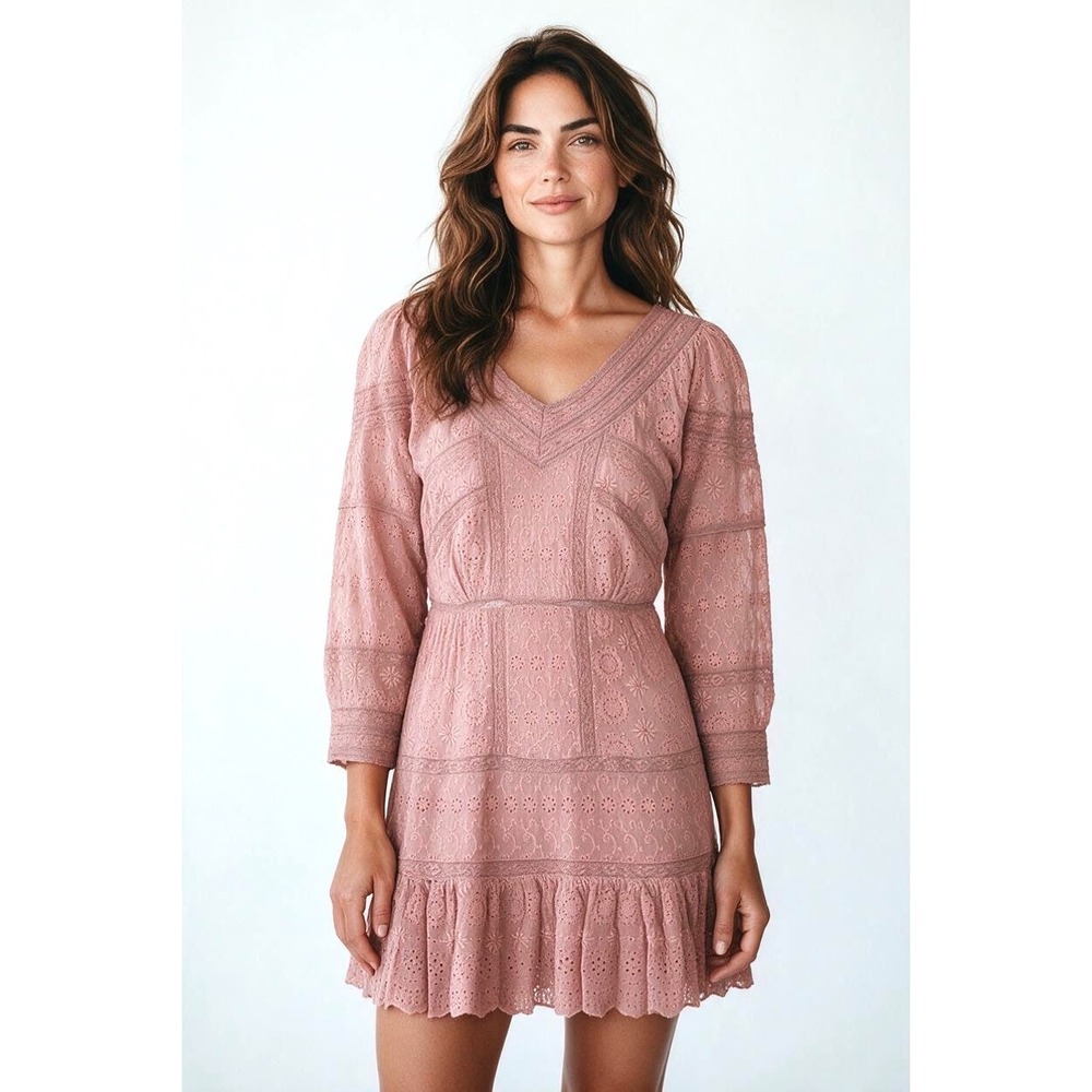 LoveShackFancy Mini Dress 8 Pink Eyelet Embroidery Cottagecore Romantic Boho